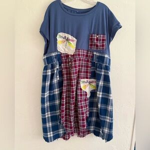 Handmade Upcycled T-Shirt Tunic Dress Blue and red plaid  XL